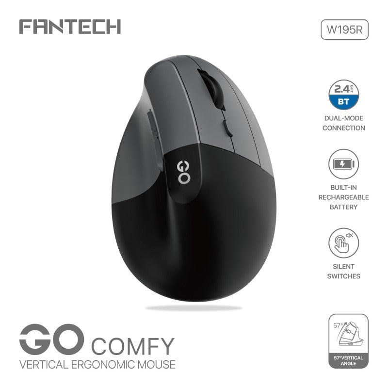 Fantech, W195R Go Comfy, Vertical Mouse, Dual Mode Bluetooth & Wireless, Silent Click, Rechargeable Battery