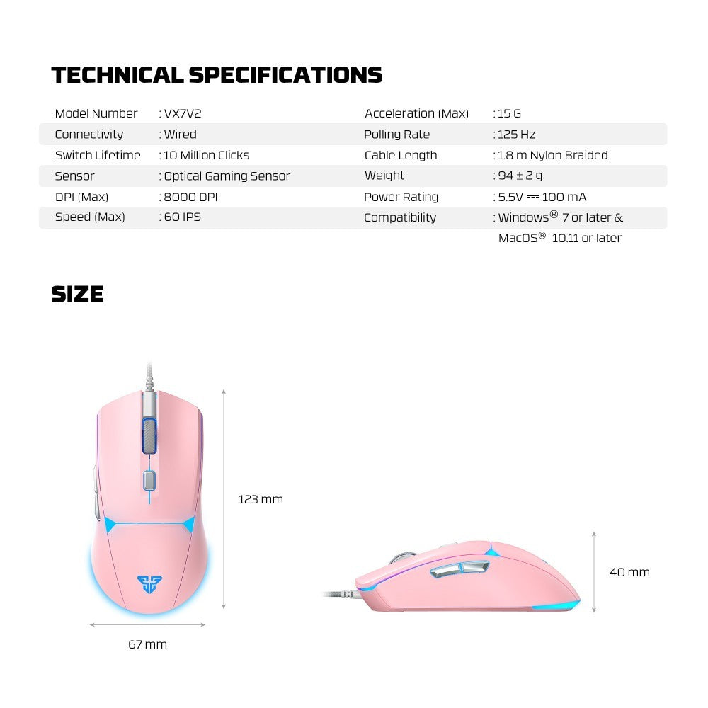 Fantech, Vx7V2 Crypto, Advanced Sensor 8000Dpi, Rgb Lighting, Wired Gaming Mouse (Pink)
