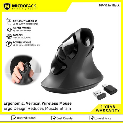 Micropack, Mp-V03W Usb-C Usb-A Dual Receiver Ergonomic Vertical Wireless Mouse (Black)