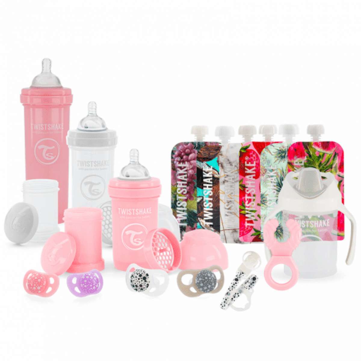 Twistshake, Bottle Bundle For Girls (Pink/Purple/White) Promo Pack. Anti-Colic Baby Bottle 180 Ml, Anti-Colic Baby Bottle 260 Ml, Anti-Colic Baby Bottle 330Ml, 6X Squeeze Bags 220 Ml, 2X Pacifier 6+ M, 2X Pacifier 0-6M, Mini Cup 230 Ml, Teether Cooler, Pa