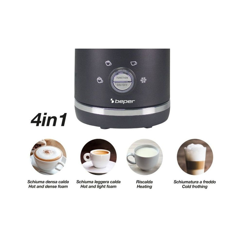 Beper, Automatic Milk Frother, With LID, 300ML, 4 Functions, Power 500W, Black