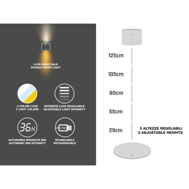 Beper Floor And Table Rechargeable Lamp, Height Adjustable, Wall Accessory, Usb Cable Included, Touch Switch On [White], P201UTP305