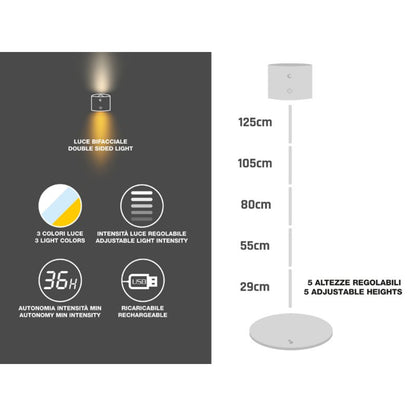 Beper Floor And Table Rechargeable Lamp, Height Adjustable, Wall Accessory, Usb Cable Included, Touch Switch On [White], P201UTP305