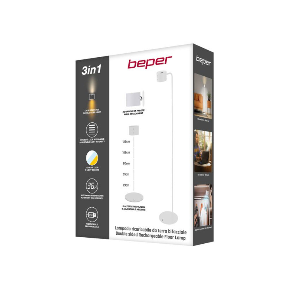 Beper Floor And Table Rechargeable Lamp, Height Adjustable, Wall Accessory, Usb Cable Included, Touch Switch On [White], P201UTP305