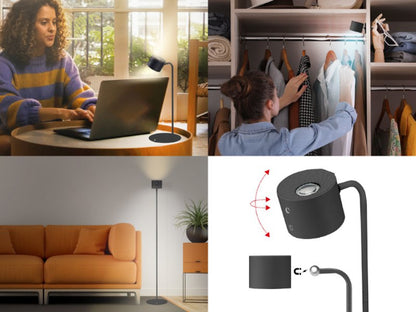 Beper Lumi Rechargeable Lamp, Floor And Table Lamp, Height-Adjustable, Wall Accessory, Usb Cable Included, Touch Switch On, Black, P201UTP306