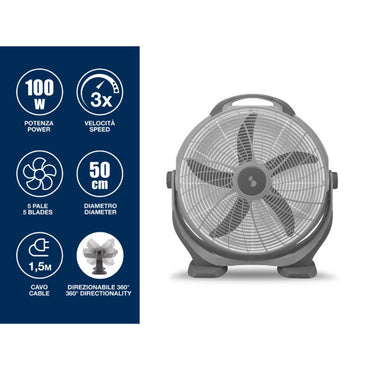 Beper Adjustable Box Fan, 100W Power, 5 Large Blades, 3 Speeds, Grey, P206VEN560