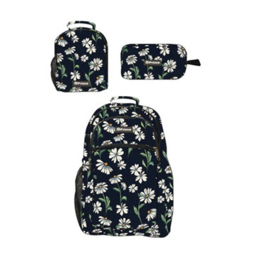 Primebag, 3Pcs Personalized School Backpack Set With Luminous Students Bookbag Lunch Bag Pencil Bag, Flowers