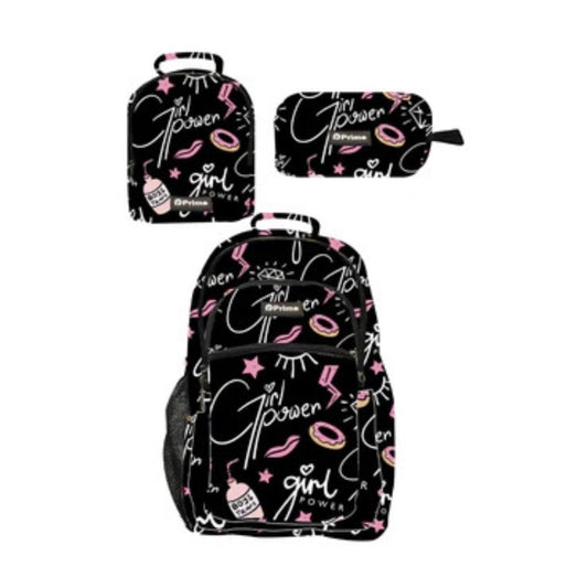 Primebag, 3Pcs Personalized School Backpack Set With Luminous Students Bookbag Lunch Bag Pencil Bag, Girls