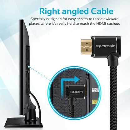 Promate, High Definition Right Angle 4K HDMI Audio Video Cable, Black
