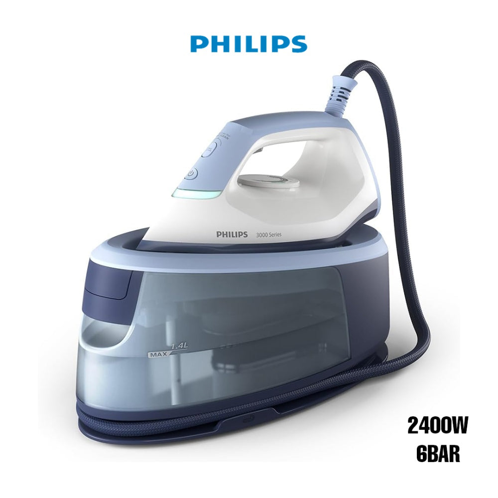 Philips, 3000 Series Steam Iron Station, 2400W, 6 Bars, 120 G/Min Continuous Steam, 350 G Steam Boost, Fast And Powerful, Vertical Steam, Ceramic Sole, Deep Azure (Psg3000/20)