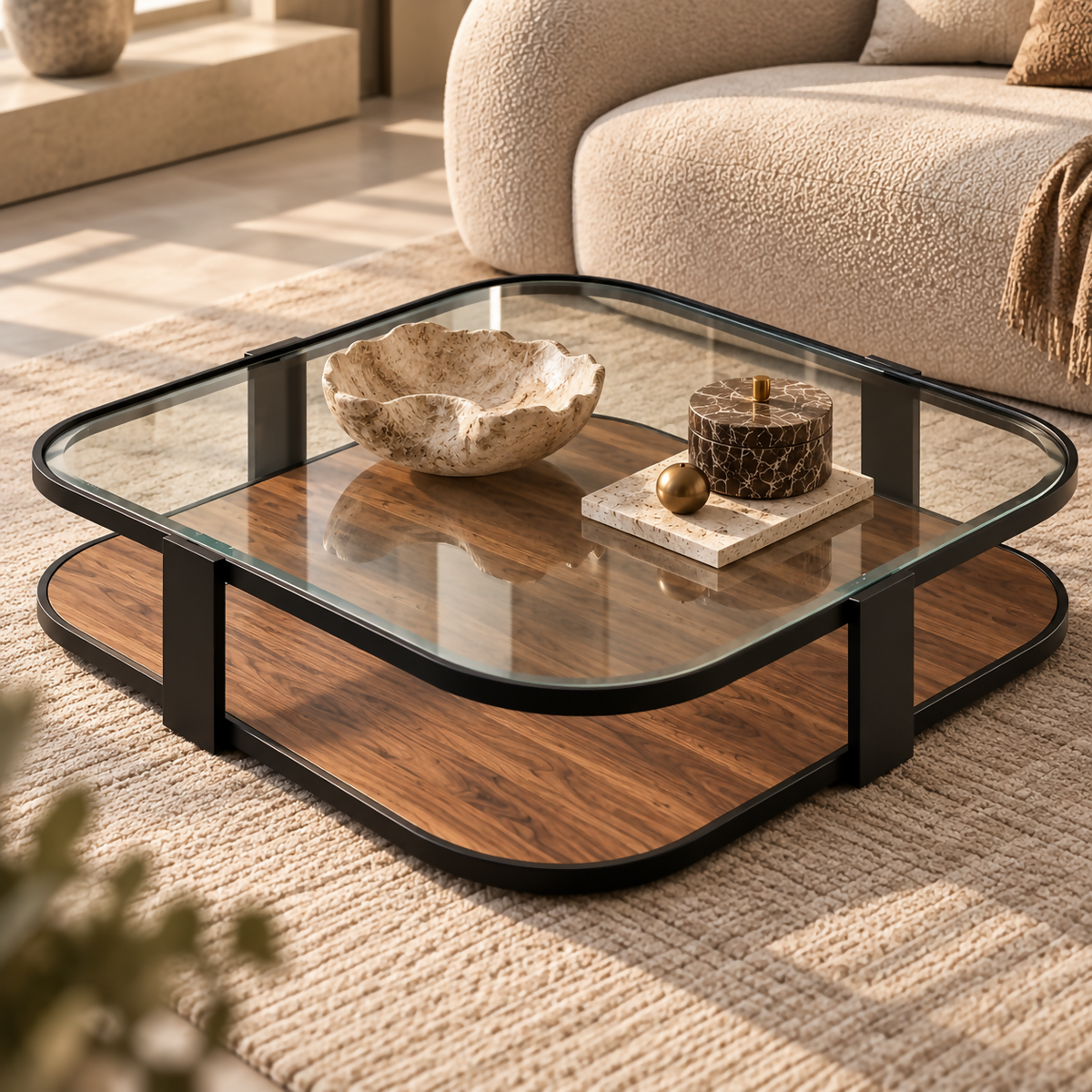 Luna Glass & Walnut Coffee Table | S08