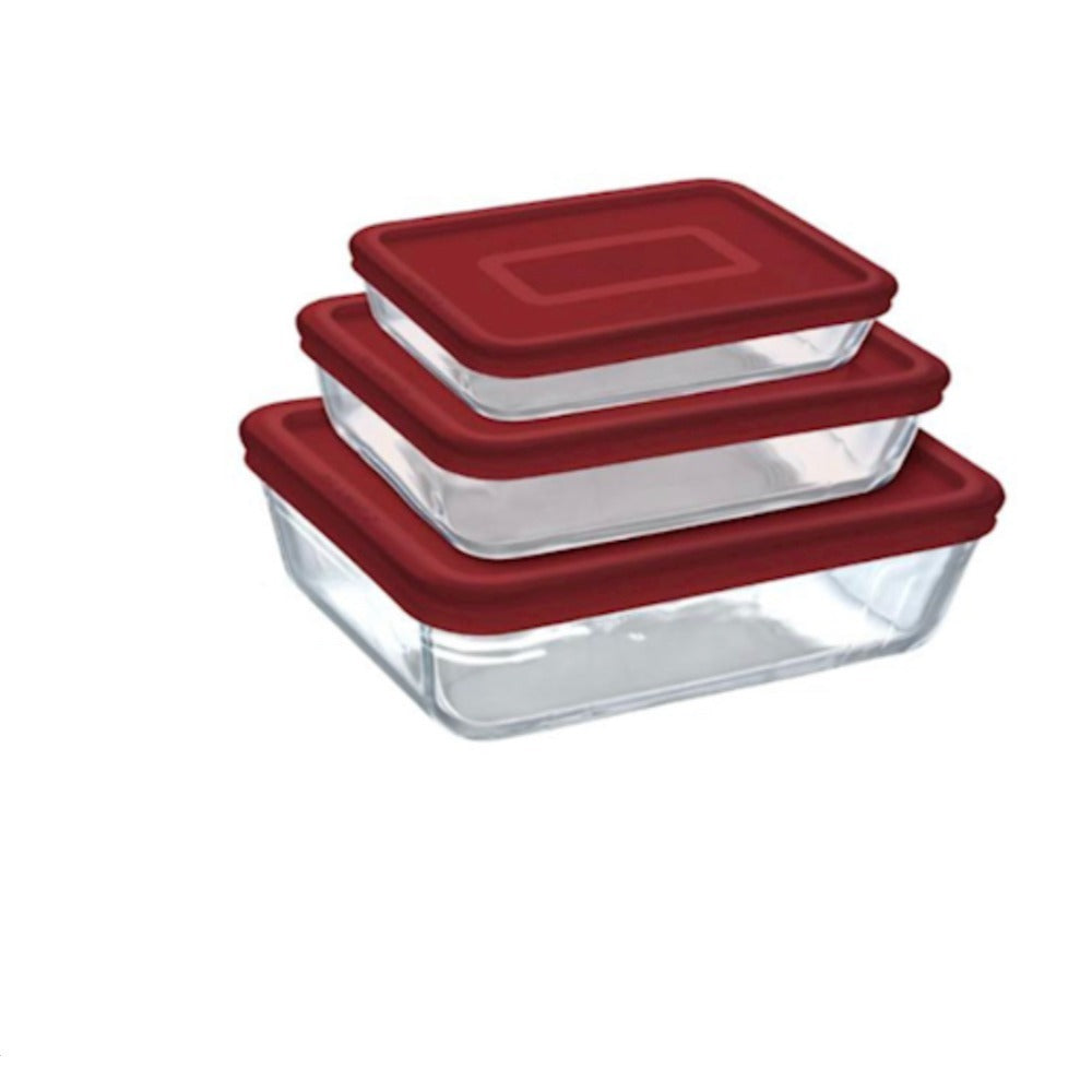 Pyrex, 3 Roast + Red Lid Glass 0.8L/1.5L/2.6L Made In France
