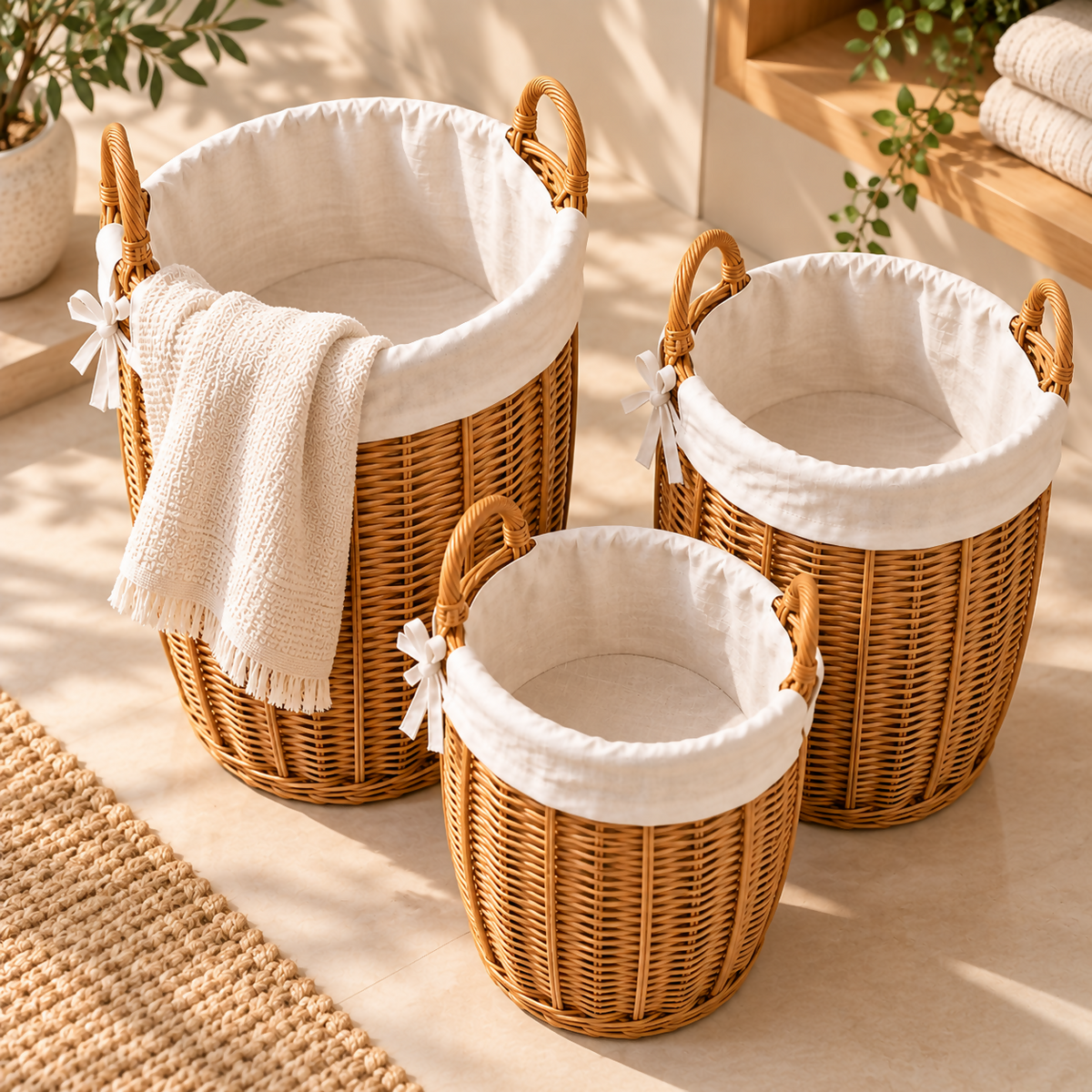 NATURA – 3-Piece Wicker Natural & Ivory Storage Basket Set | HK-T64