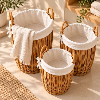 NATURA – 3-Piece Wicker Natural & Ivory Storage Basket Set | HK-T64