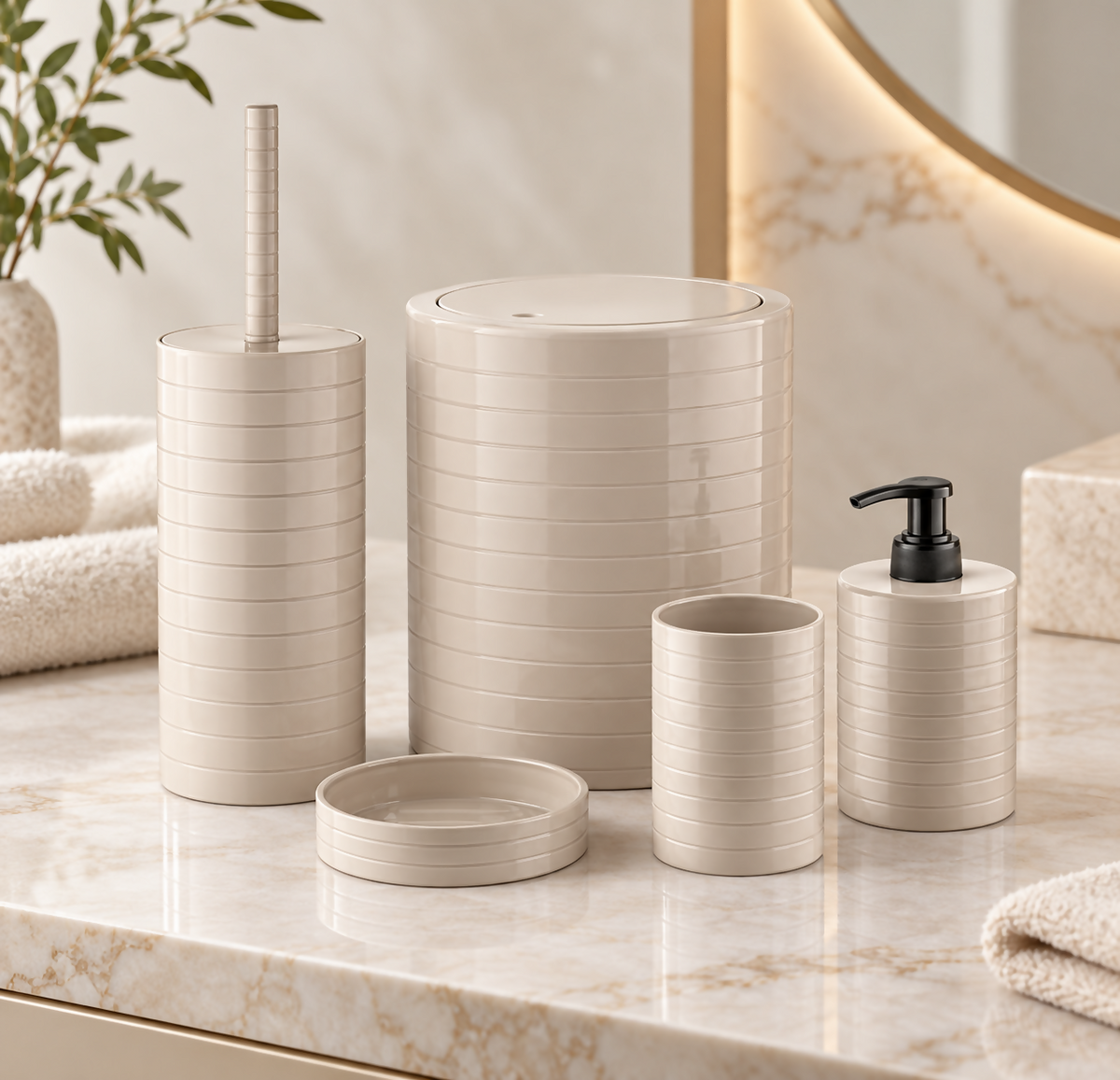 SÉRÉNE – 5-Piece Ribbed Beige Bathroom Accessories Set | MA014