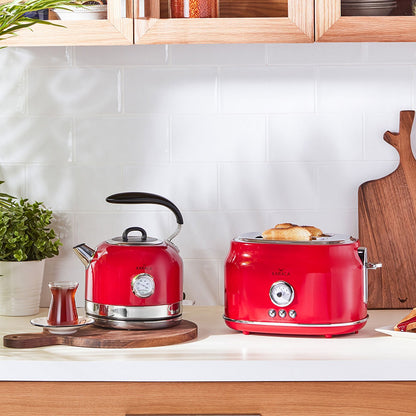 Karaca Retro Red Kettle 1.7 L, Quick Boil with LED Indicator, 153.03.06.2559