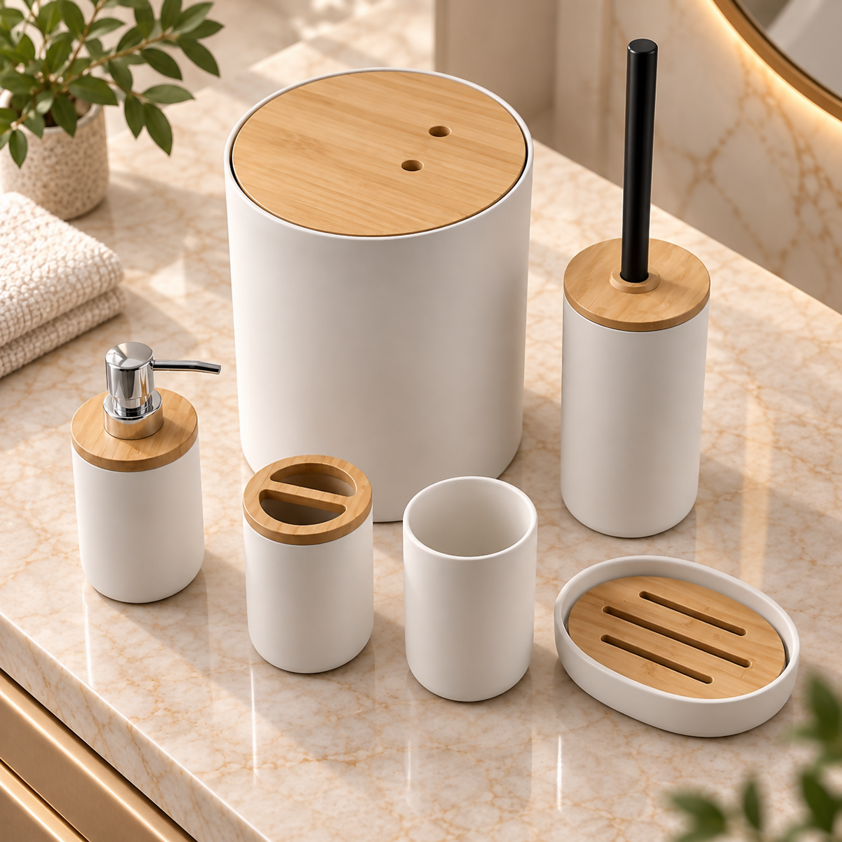 NATURA – 6-Piece White & Bamboo Bathroom Accessories Set | YC-18