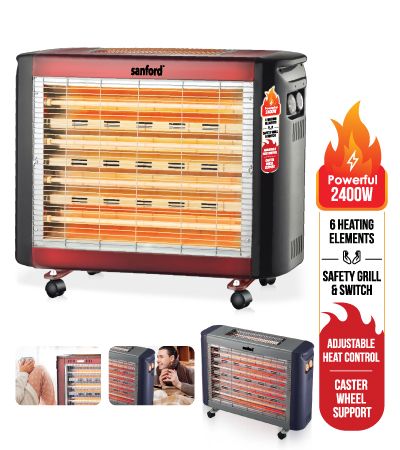 Sanford Japan, Quartz Room Heater, 6 Heating Elements, Overheat Protection, Adjustable Thermostat, Safety Switch & Grill, Powerful 2400 Watts