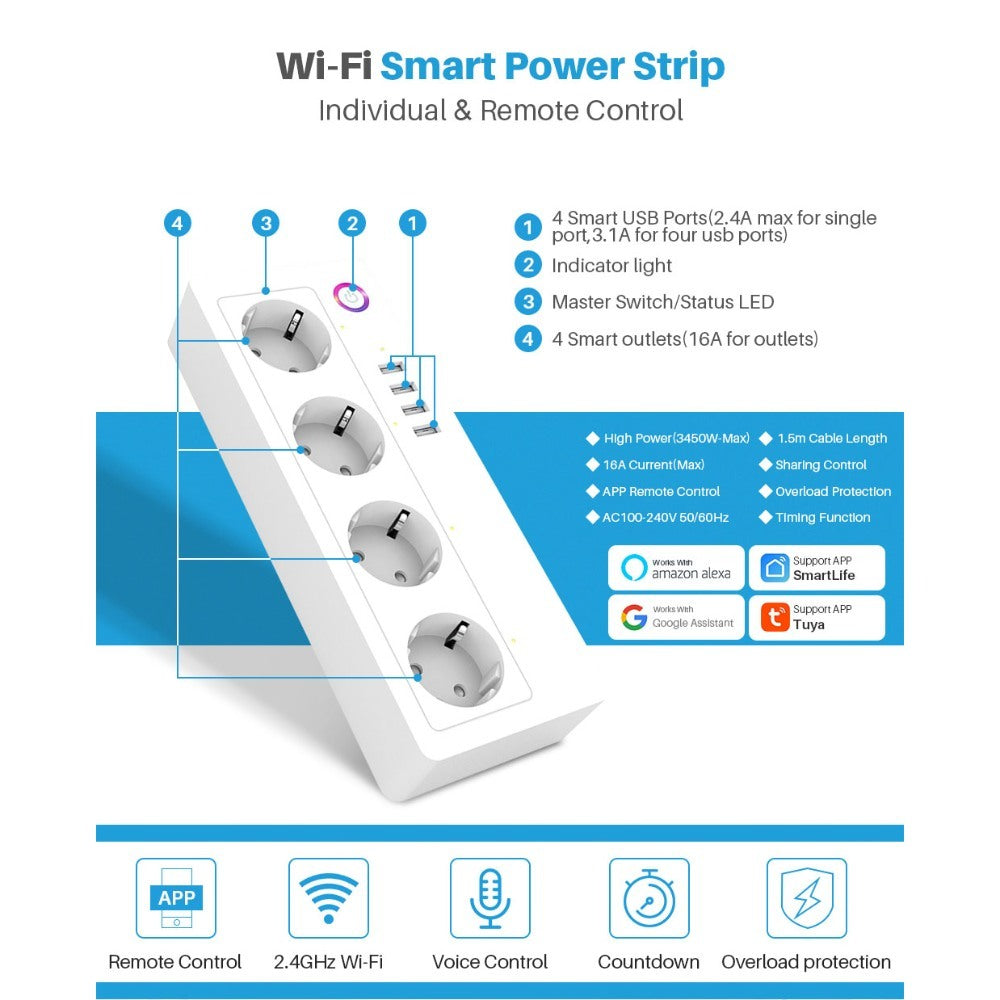 Tuya Smart Power Strip, 4 Sockets + 4 Usb, With Switch, Cord 1.8M