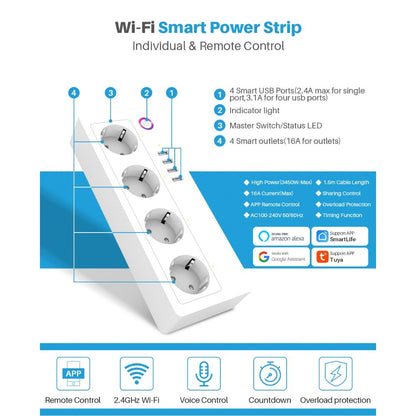 Tuya Smart Power Strip, 4 Sockets + 4 Usb, With Switch, Cord 1.8M