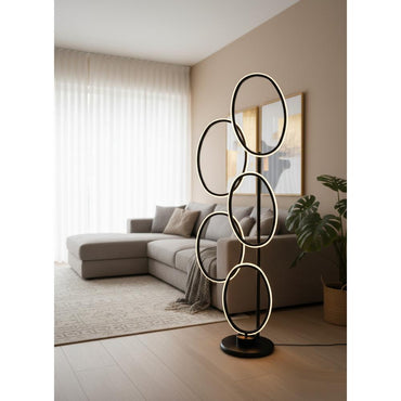 Modern Sculptural LED Floor Lamp with 5 Illuminated Oval Rings 138 cm - Black Finish, SK859