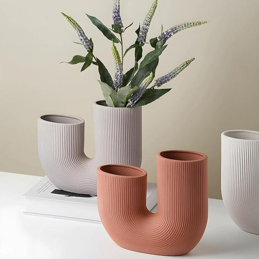 U-Shape Ceramic Vase - Minimalist Modern Decorative Flower Vase, Brick, SK875