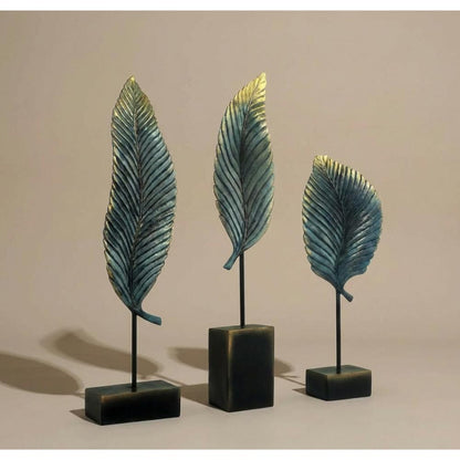 Blue-Green & Gold Nordic Leaf Sculpture Set, 3-Piece Luxury Decor, SK905