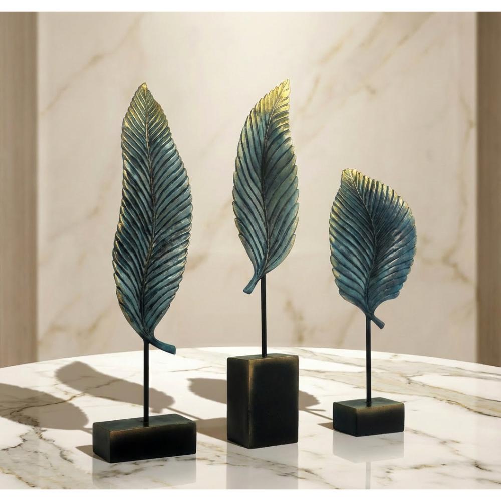 Blue-Green & Gold Nordic Leaf Sculpture Set, 3-Piece Luxury Decor, SK905