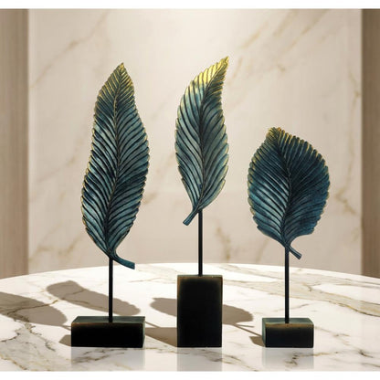 Blue-Green & Gold Nordic Leaf Sculpture Set, 3-Piece Luxury Decor, SK905