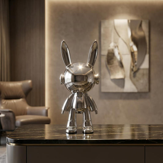 Silver Rabbit Heart Statue - Cute Decorative Figurine, SK907S