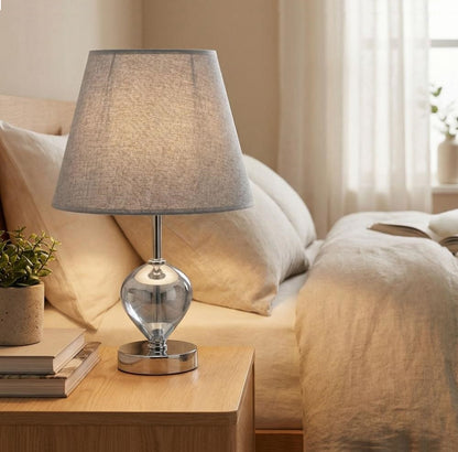 Modern Metallic Glass Table Lamp with Grey Fabric Shade 24 cm, SK924G