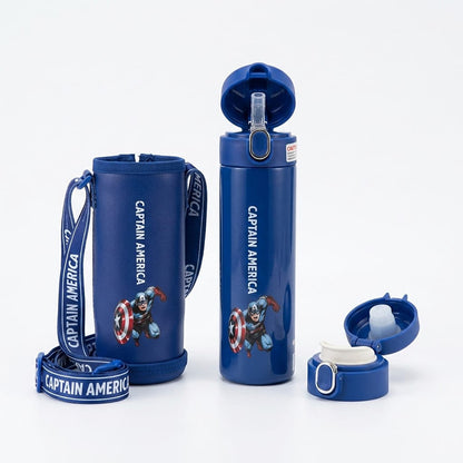 Disney Avengers Captain America Water Bottle 500ML, Stainless Steel, Threaded LID, Lightweight & Durable, Crack-Proof and Spill-Proof, Includes Protective Cover, SK979