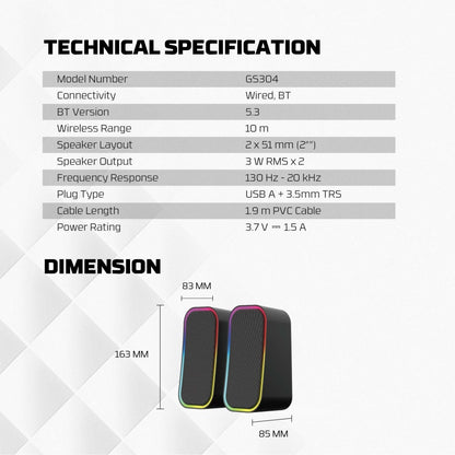Fantech, Gs304 Groove Dual Mode (Wired & Bluetooth) Rgb Gaming Speaker, 6W 2' Tuned Drive, Deep Bass Boost