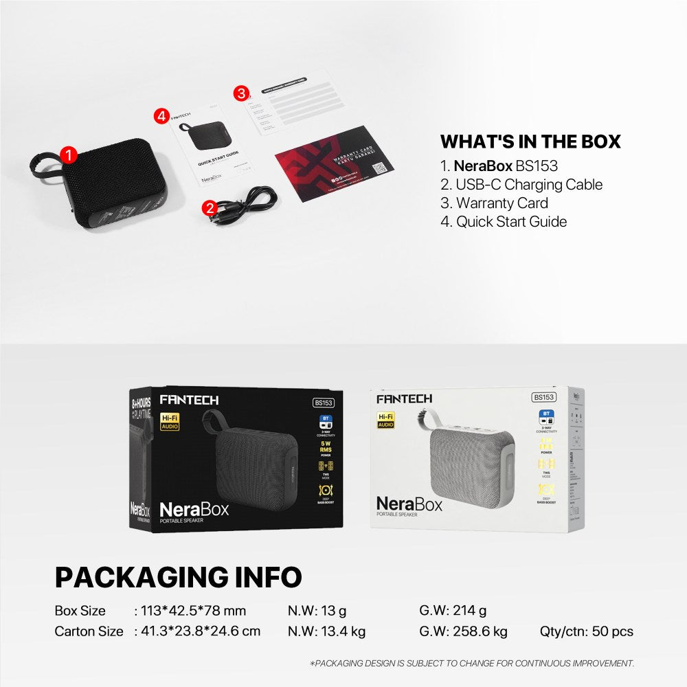 Fantech, Nerabox Bs153 Wireless Speaker Bluetooth 5.4, 5W Rms, Tws Mode, Usb & Tf Card Support, Built-In Battery, Available in Different Colors