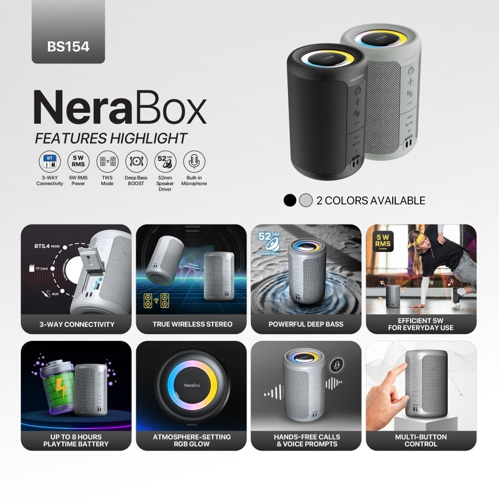 Fantech, Nerabox Bs154 Wireless Speaker Bluetooth 5.4, 5W Rms, Tws Mode, Aux & Tf Support, Built-In Battery, Available in Different Colors