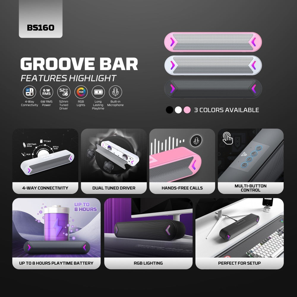 Fantech, Groove Bar Bs160 Gaming Bluetooth 5.4, 6W Rms, Deep Bass, Usb, Aux & Tf Support, Built-In Battery, Available in Different Colors