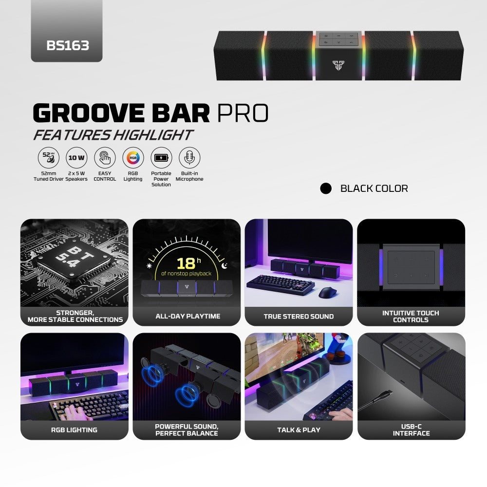 Fantech, Bs163 Groove Bar Pro (Wired & Bluetooth) Rgb Gaming Speaker, 10W + Built-In Microphone