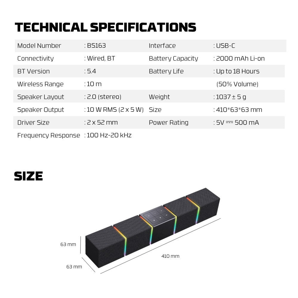 Fantech, Bs163 Groove Bar Pro (Wired & Bluetooth) Rgb Gaming Speaker, 10W + Built-In Microphone