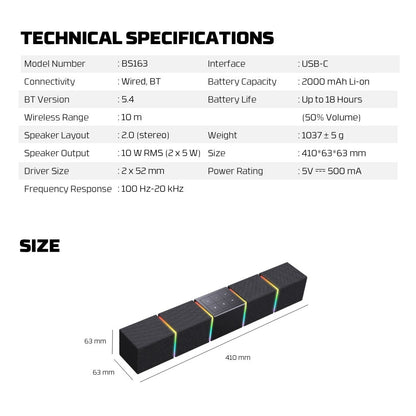Fantech, Bs163 Groove Bar Pro (Wired & Bluetooth) Rgb Gaming Speaker, 10W + Built-In Microphone