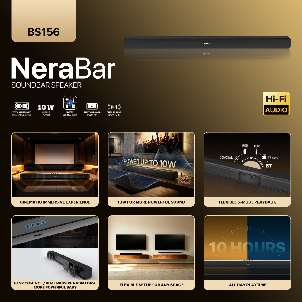 FANTECH BS156 NeraBar 10W Stereo Soundbar, Wireless Bluetooth 5.4, AUX, USB, TF, Coaxial, Deep Bass & Built-in Battery