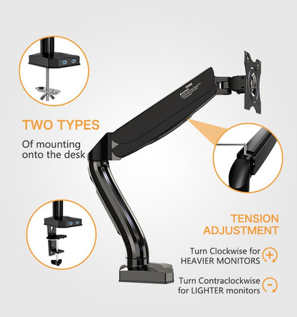 Kaloc, Ds90 Single Desk Monitor Arm, Adjustable Gas Spring & Support Max 32 Inch