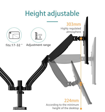 Kaloc, Ds90-2 Dual Desk Monitor Arm, Adjustable Gas Spring & Support Max 32 Inch