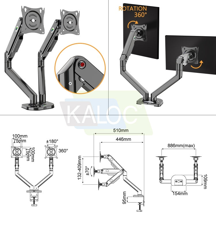 Kaloc, Ds200-2/B Dual Desk Monitor Arm, Adjustable Gas Spring & Support Max 30 Inch