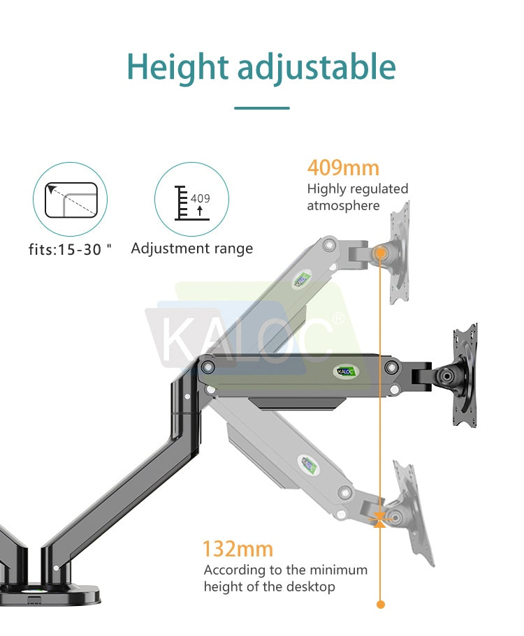 Kaloc, Ds200-2/B Dual Desk Monitor Arm, Adjustable Gas Spring & Support Max 30 Inch