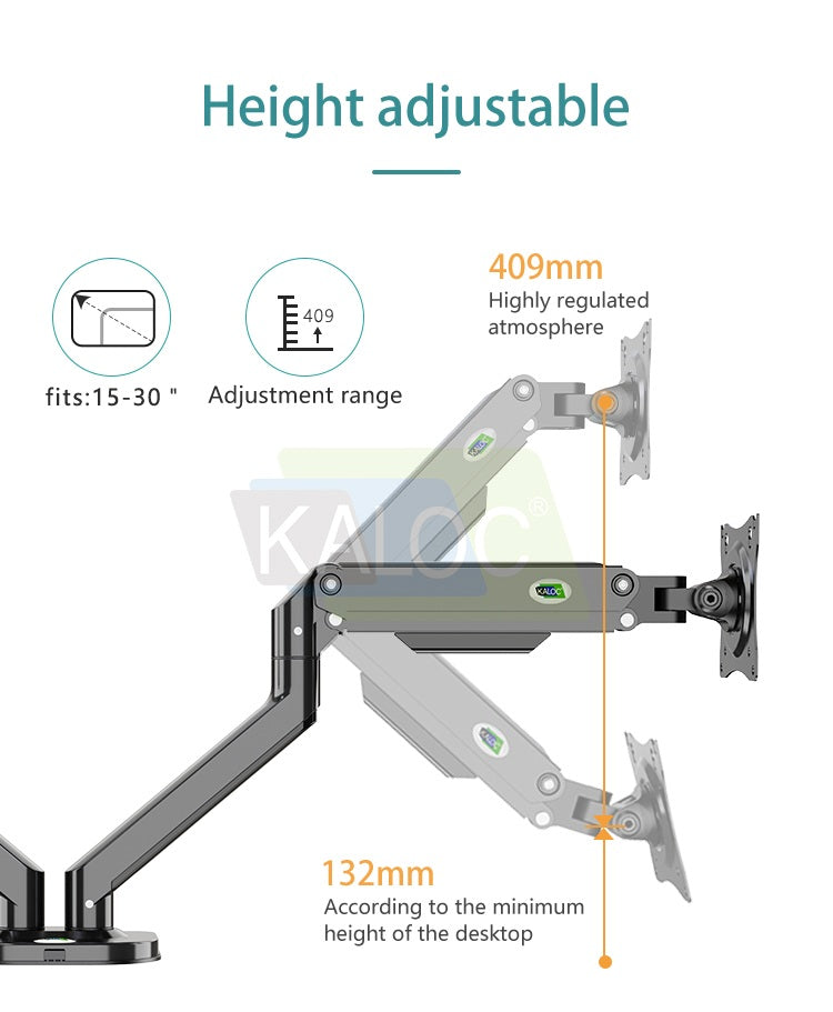Kaloc, Ds200-2/B Dual Desk Monitor Arm, Adjustable Gas Spring & Support Max 30 Inch