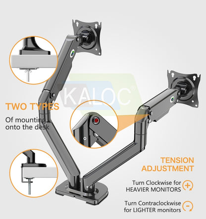 Kaloc, Ds200-2/B Dual Desk Monitor Arm, Adjustable Gas Spring & Support Max 30 Inch