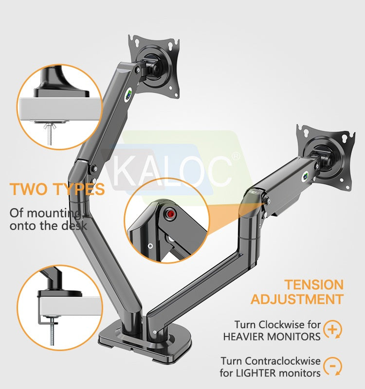 Kaloc, Ds200-2/B Dual Desk Monitor Arm, Adjustable Gas Spring & Support Max 30 Inch