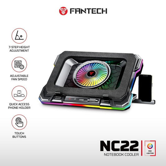 Fantech, Nc22 Premium Laptop Cooling Pad, Powerful Extra-Large Fan For Superior Cooling Performance, Vibrant Rgb Lighting