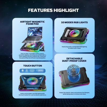 Fantech, Nc22 Premium Laptop Cooling Pad, Powerful Extra-Large Fan For Superior Cooling Performance, Vibrant Rgb Lighting