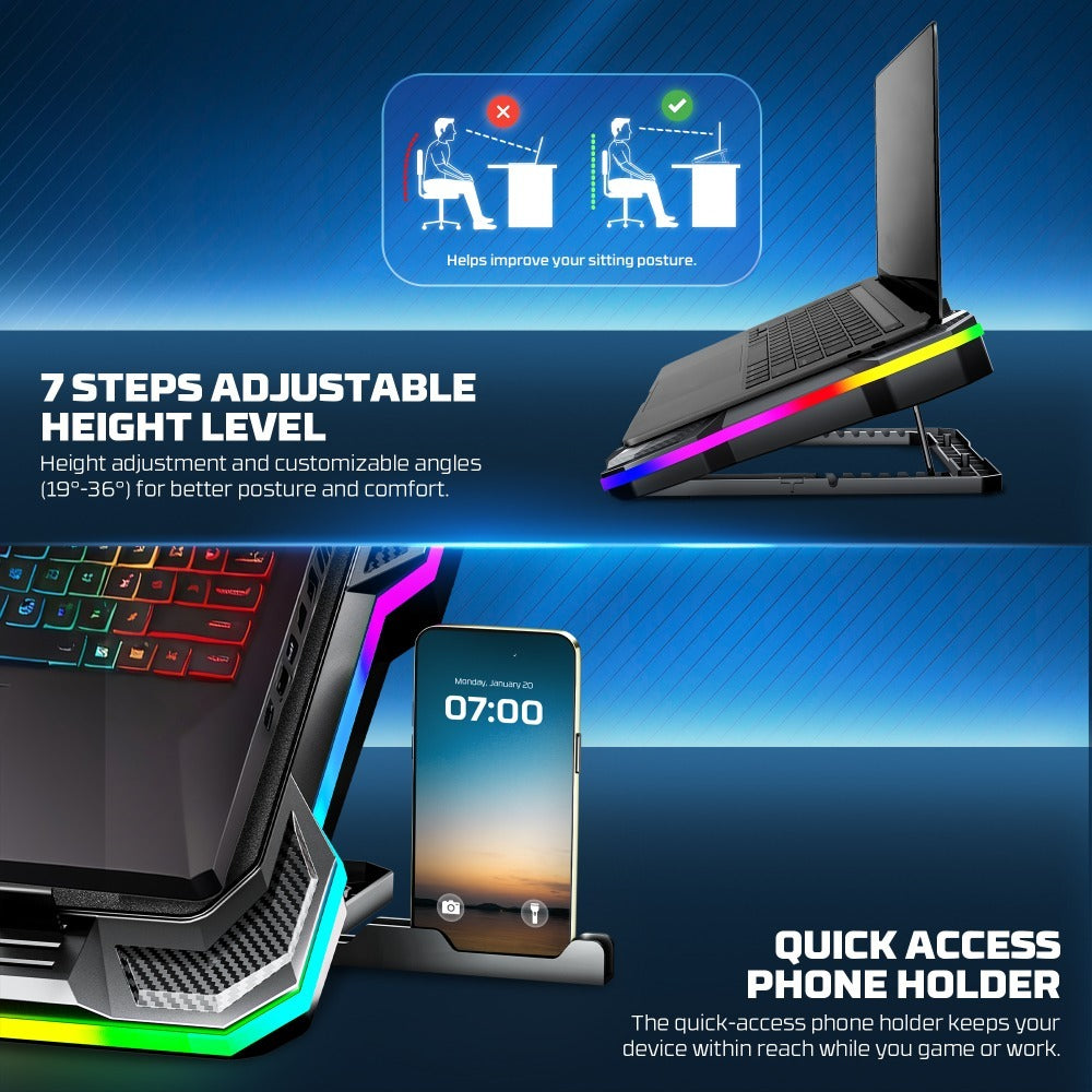 Fantech, Nc22 Premium Laptop Cooling Pad, Powerful Extra-Large Fan For Superior Cooling Performance, Vibrant Rgb Lighting